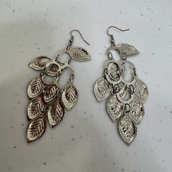 Leaf Earrings Dangle Silver Tone Charm Chandelier Boho Long‎ Statement Textured - Picture 4 of 5